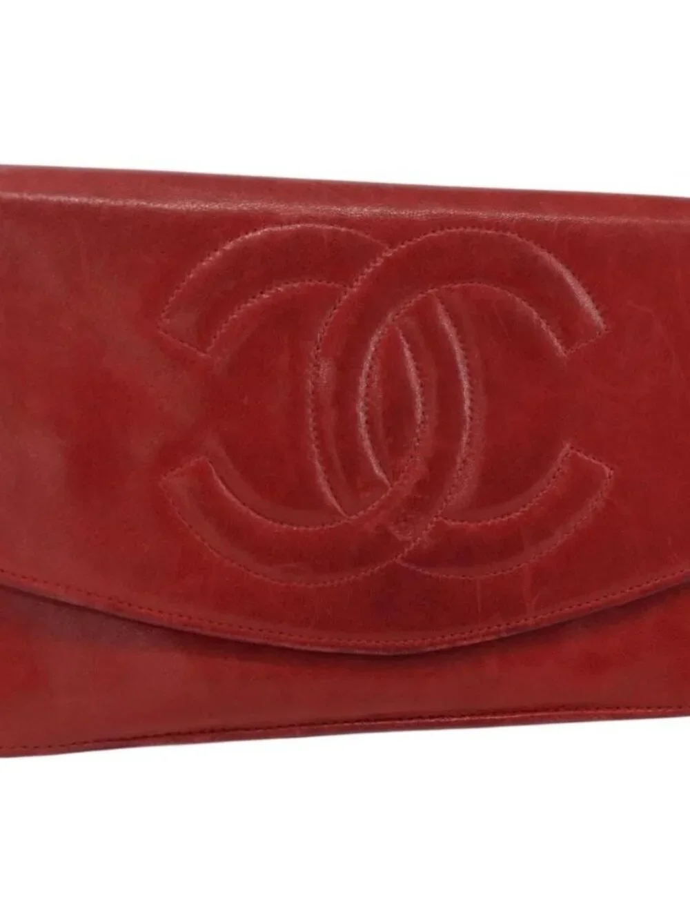 CHANEL Long Wallet Grained Calf Skin Red Gold CC Auth 166826
